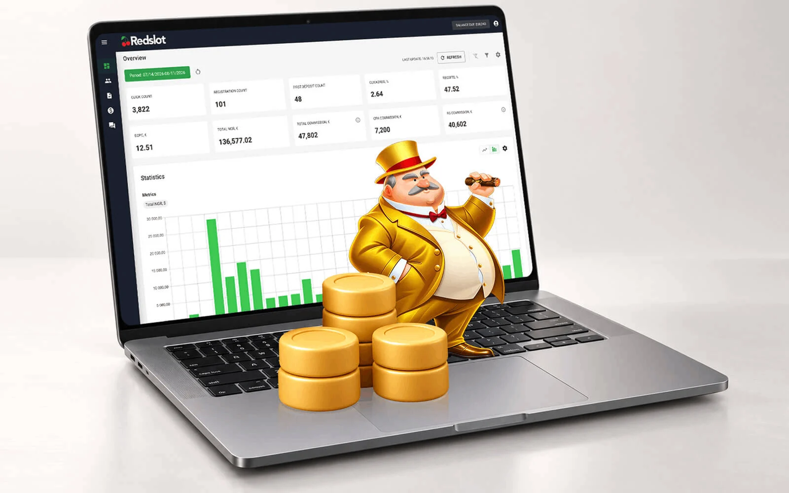 The Redslot Partners reporting panel showing clicks, registrations, first deposits and commission